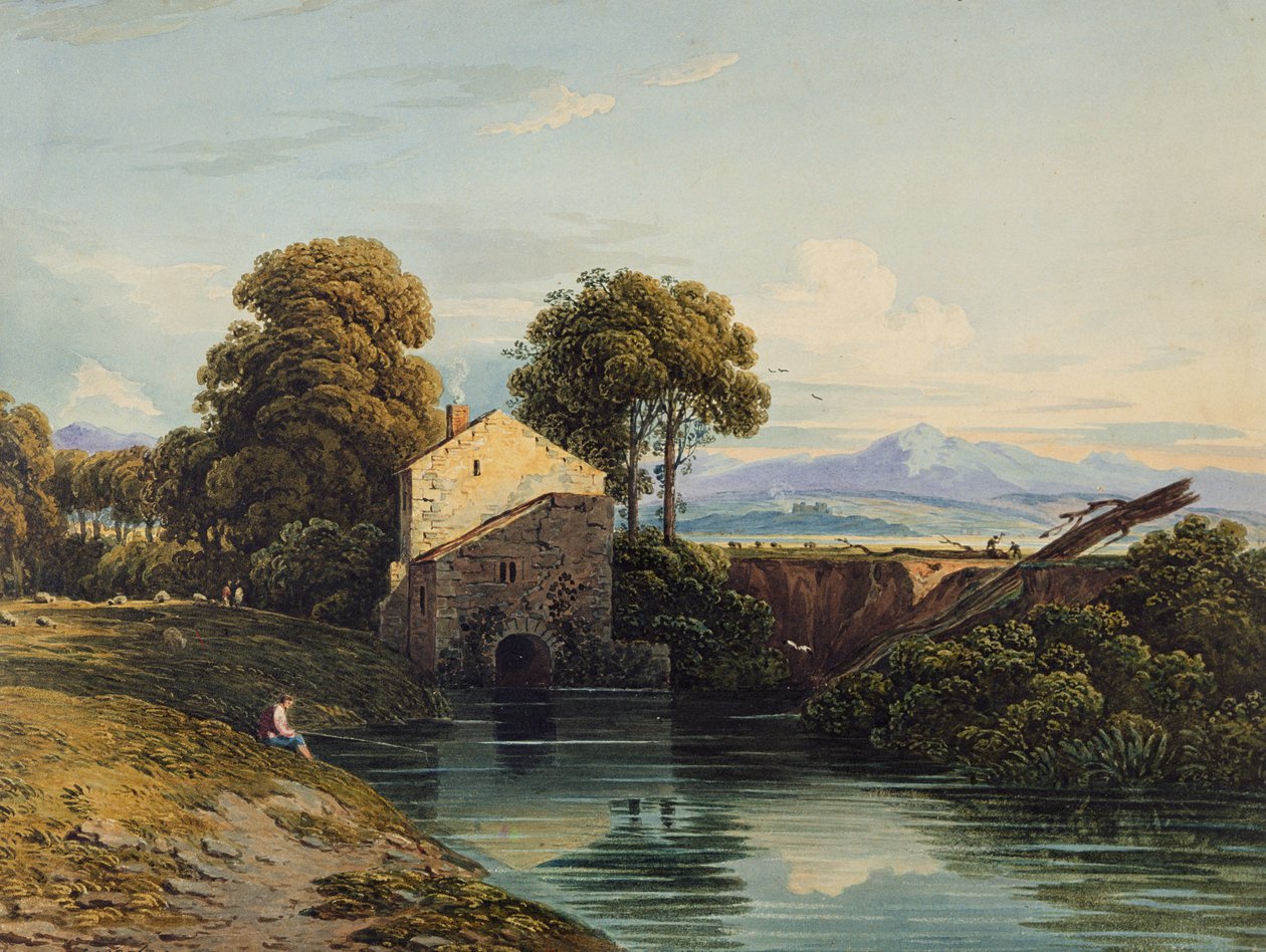 Vattenkvarn med avlägset slott och kullar av John Varley
