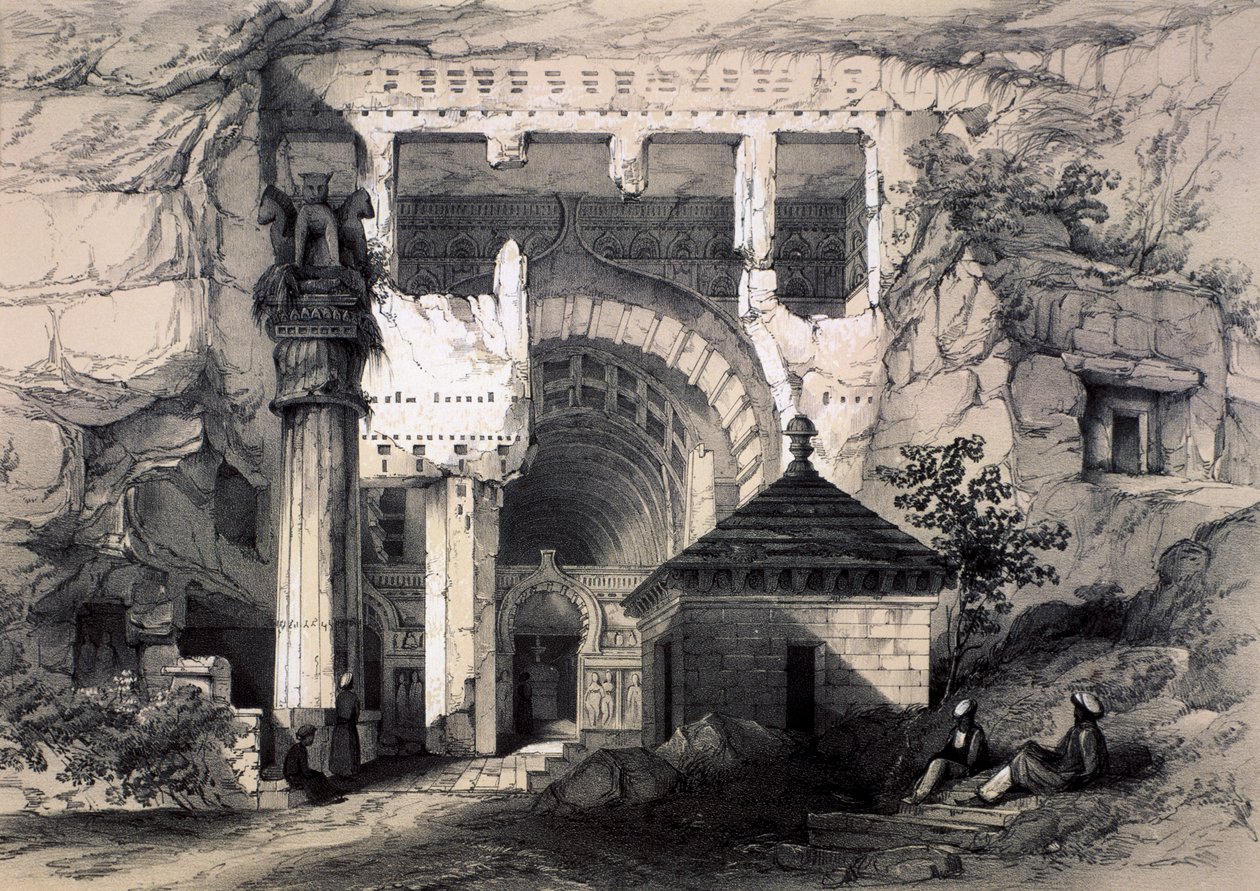 Karli, Ingången till den stora Chaitya-grottan, 1845. av John Weale