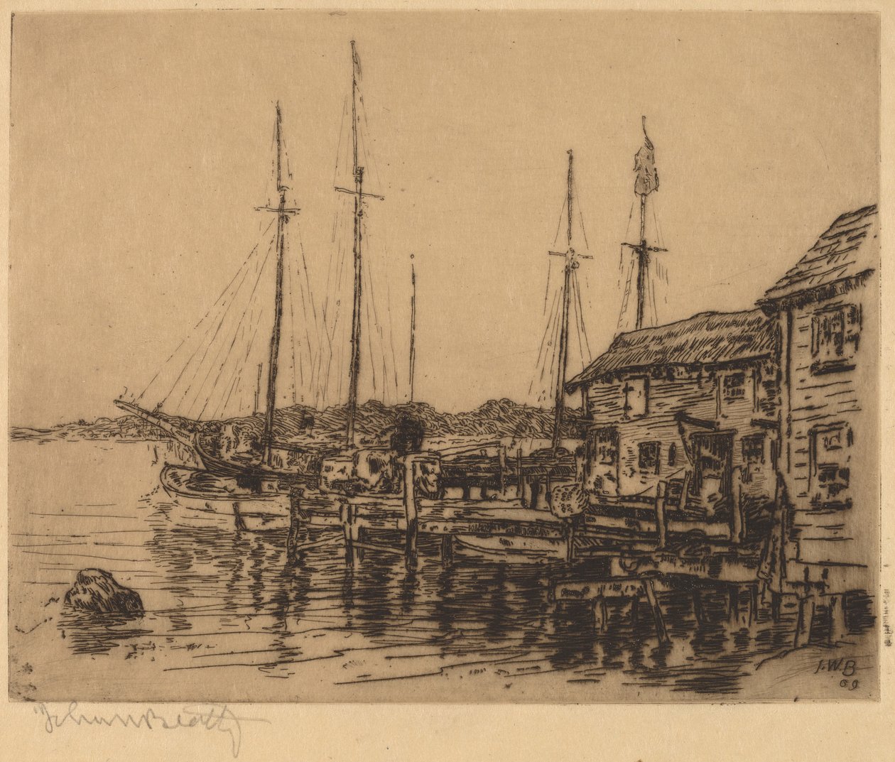 Fiskebåtar längs Quay, Noank, Conn. av John Wesley Beatty