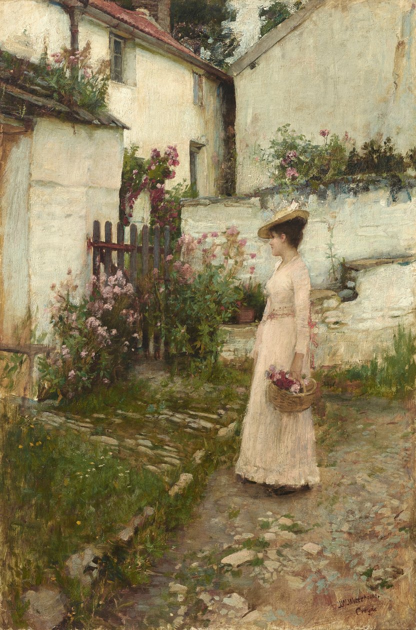 Att plocka blommor i en trädgård i Devonshire av John William Waterhouse
