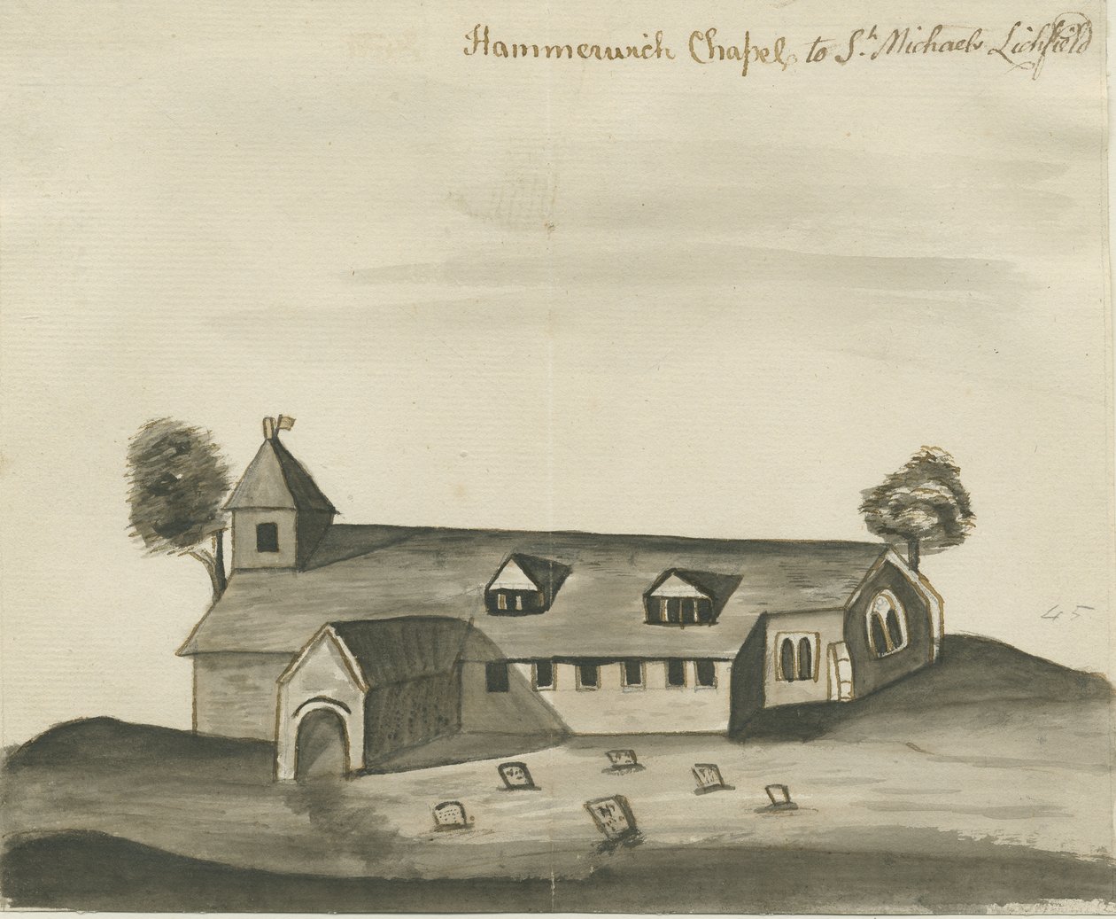 Hammerwich Church: sepiateckning, nd [c 1780] av John Wright