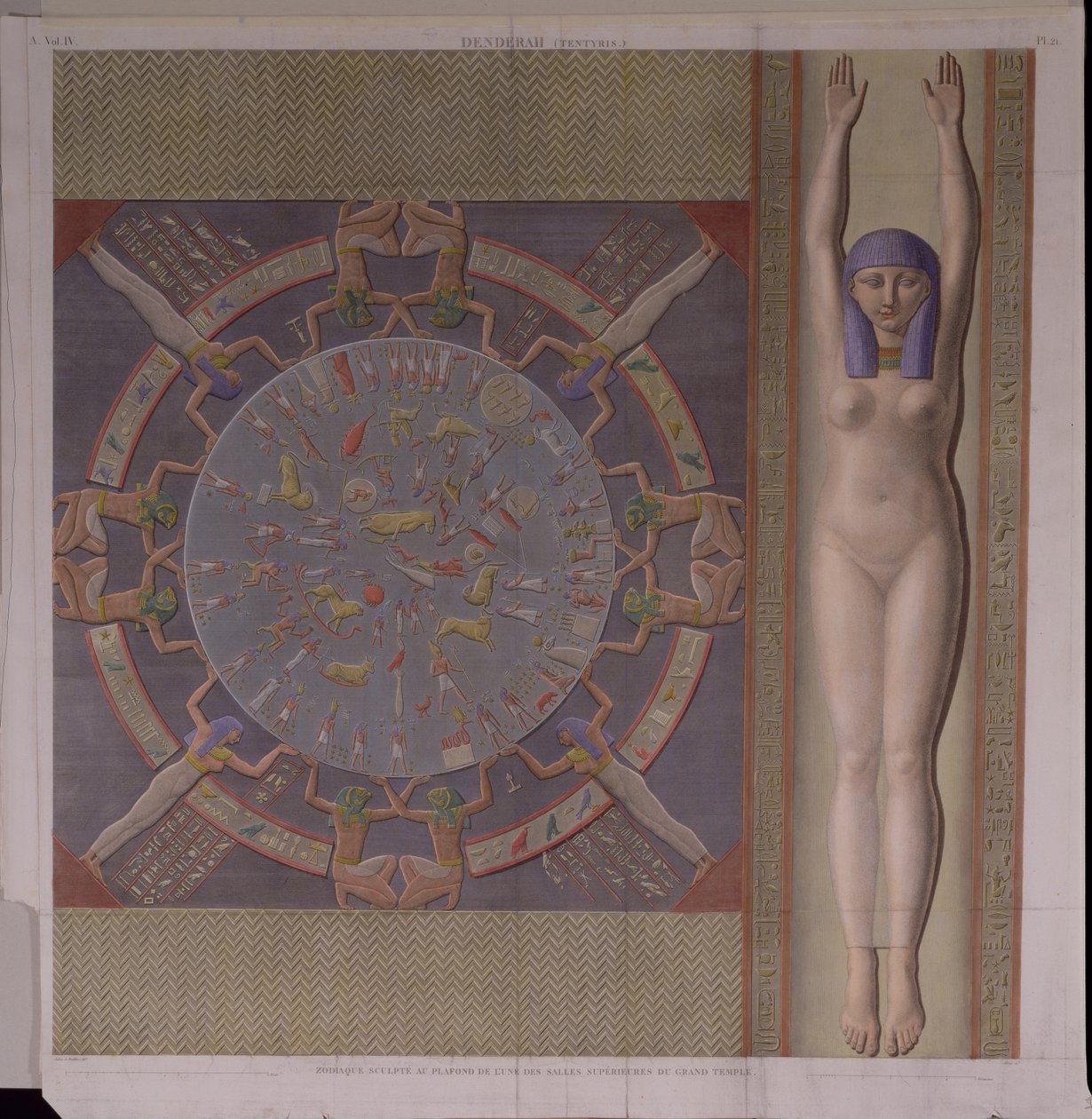 Zodiactaket från det stora templet i Denderah, från "Descriptions of Egypt", graverat av Allais, ca 1826 (handkolorerat gravyr). av Jollois and Devilliers
