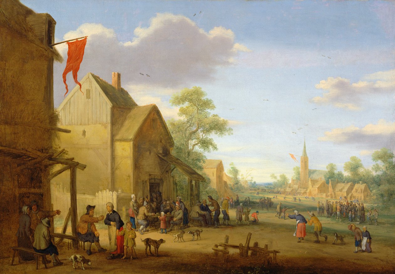 Ett bymöte med figurer samlade på gatan, 1624 av Joost Cornelisz. Droochsloot
