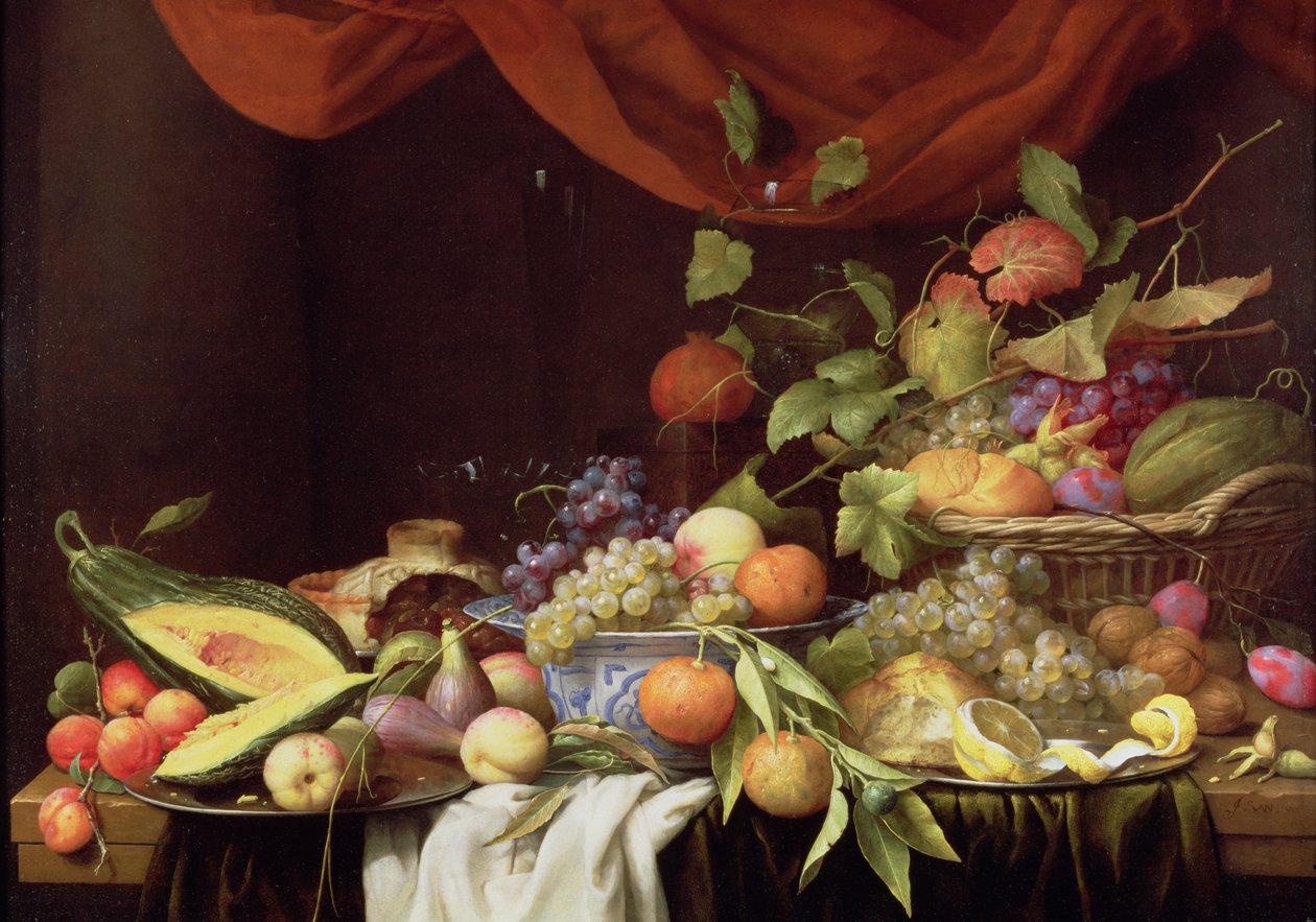 Ett stilleben med frukt på en draperad kant av Joris van Son