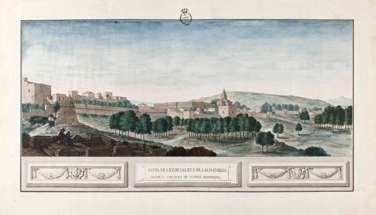 Utsikt över Alhambra i Granada, från Torres Bermejas slott. av José de Hermosilla