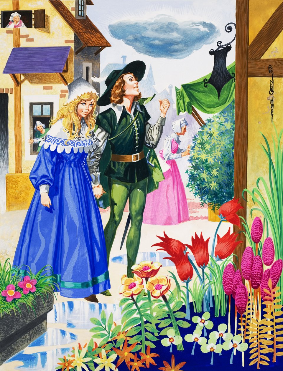 Par som beundrar blommor (gouache på papper) av Jose Ortiz
