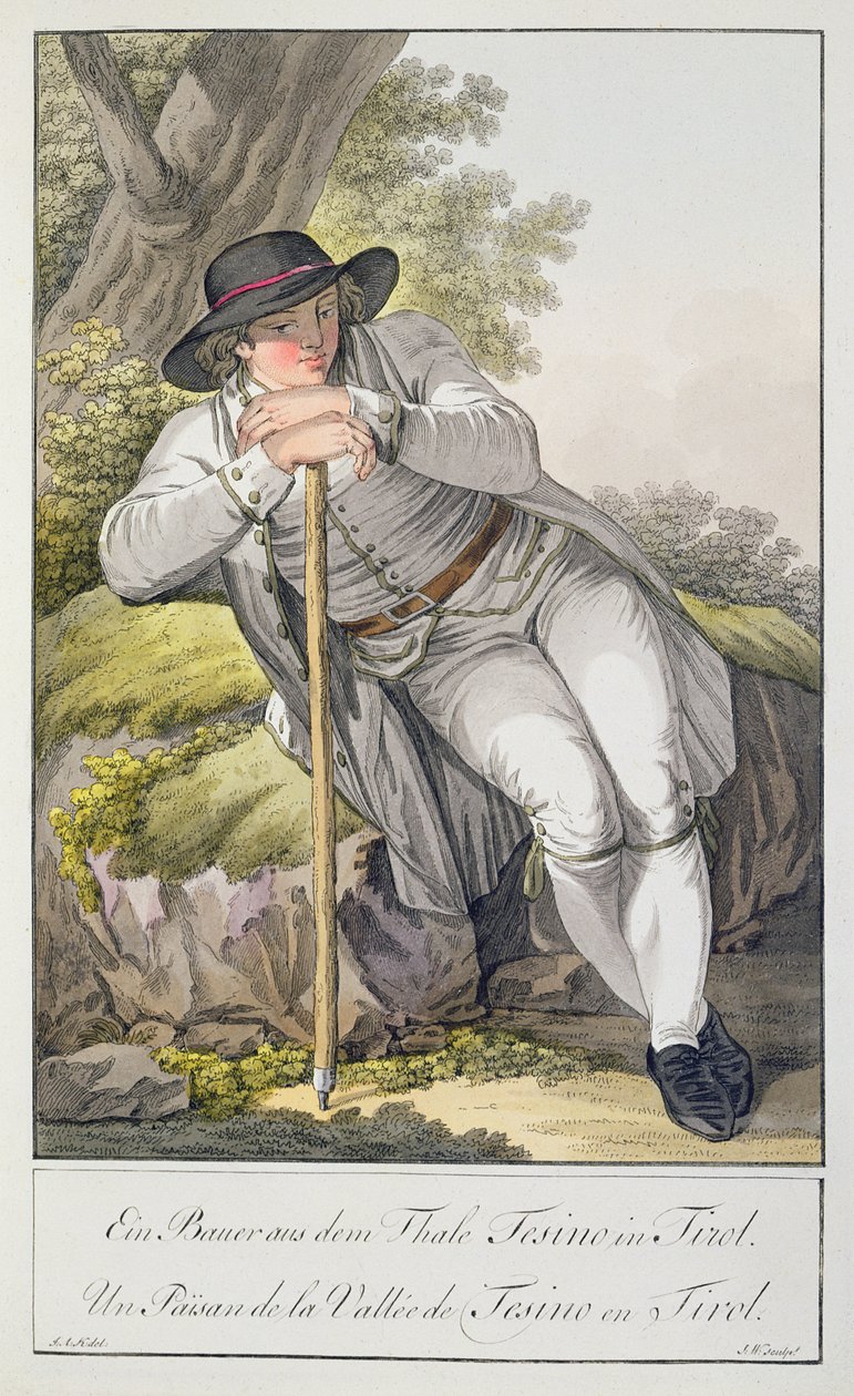 En bonde i Tesino-dalen i Tyrolen, från en samling av 24 färgplåtar, publicerade omkring 1800. av Josef Anton Kapeller