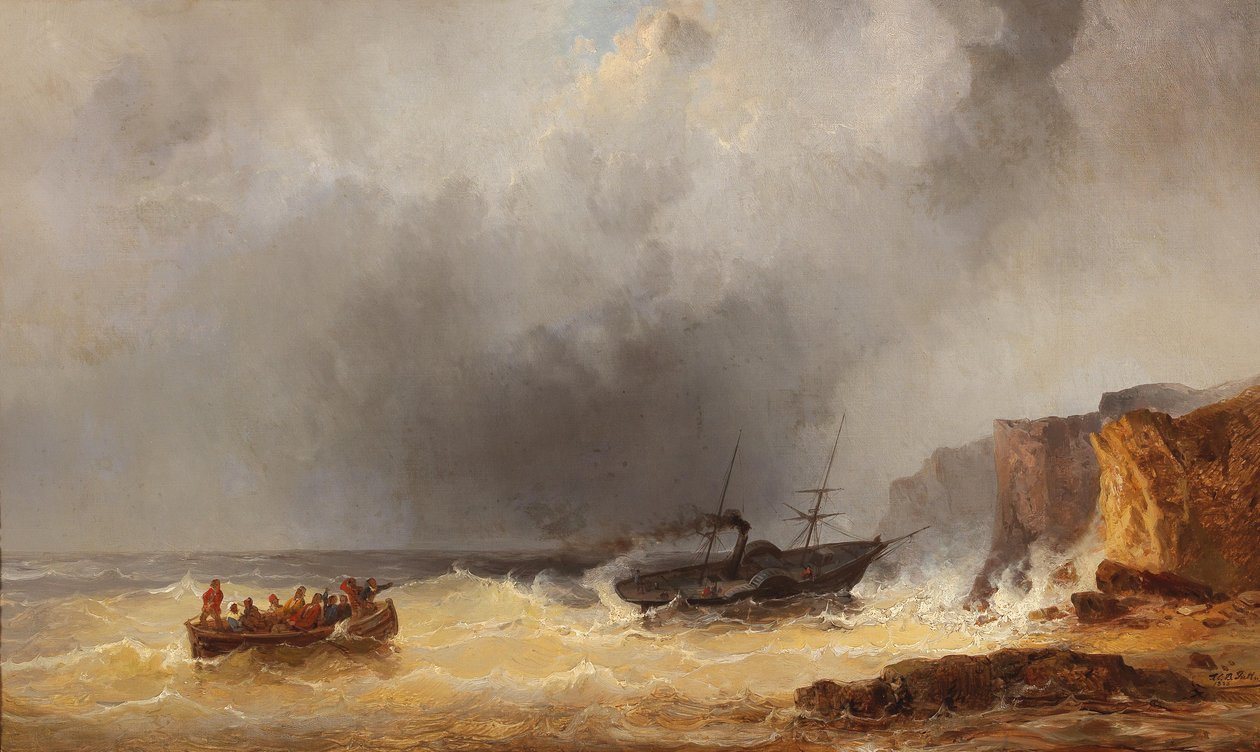 Steamship in Distress at Sea by a Rocky Coast av Josef Karl Berthold Puttner