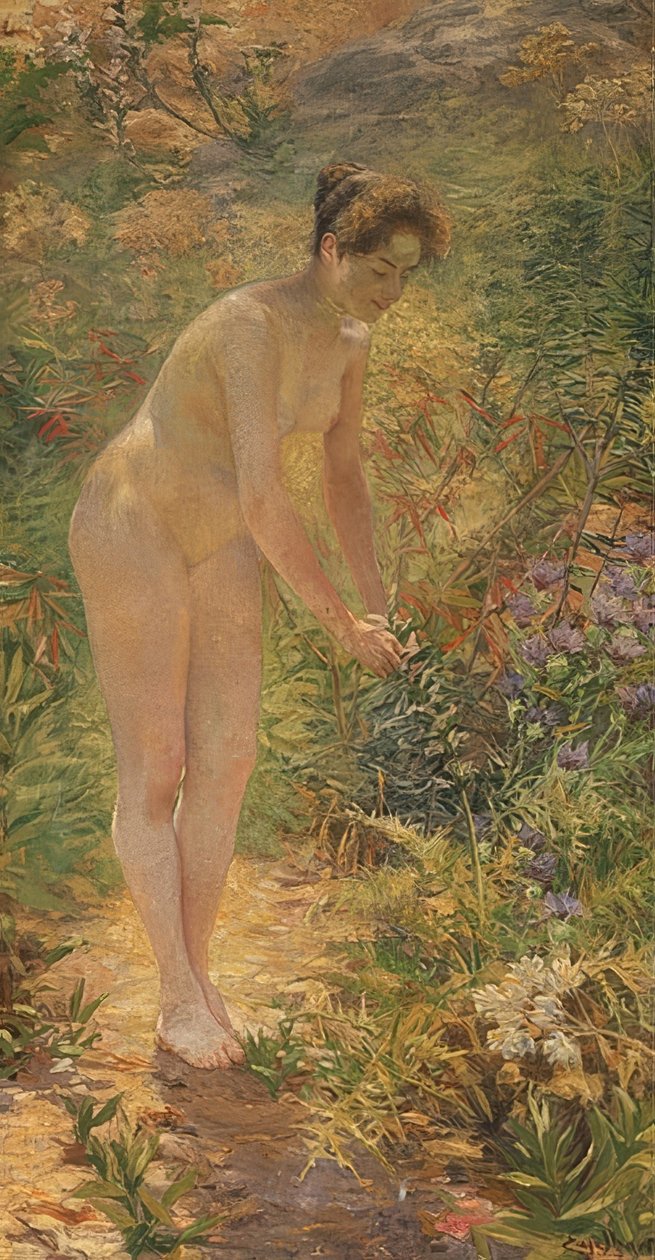 Stående kvinnlig naken i trädgården. Omkring 1900 av Josef Engelhart