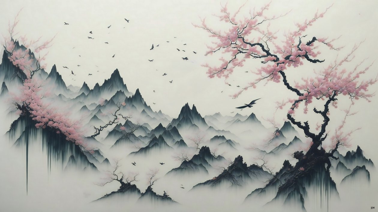 bläckmålning: Cherry Blossom trees blooming_01 av Josef Johann Michel
