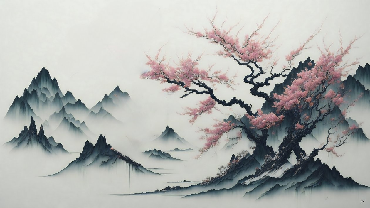 bläckmålning: Cherry Blossom trees blooming_02 av Josef Johann Michel