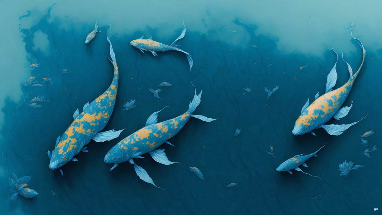 bläckmålning: Koi-Karpfish_blue_01 av Josef Johann Michel