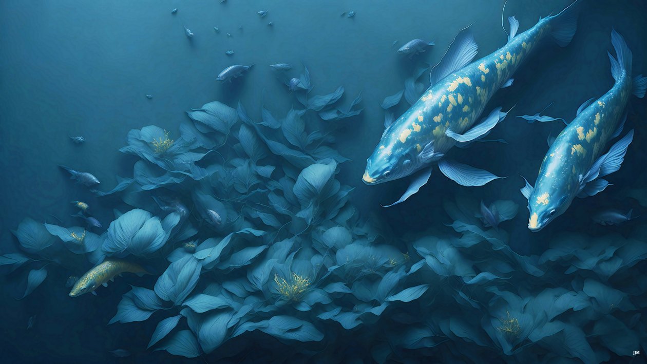 bläckmålning: Koi-Karpfish_blue_04 av Josef Johann Michel