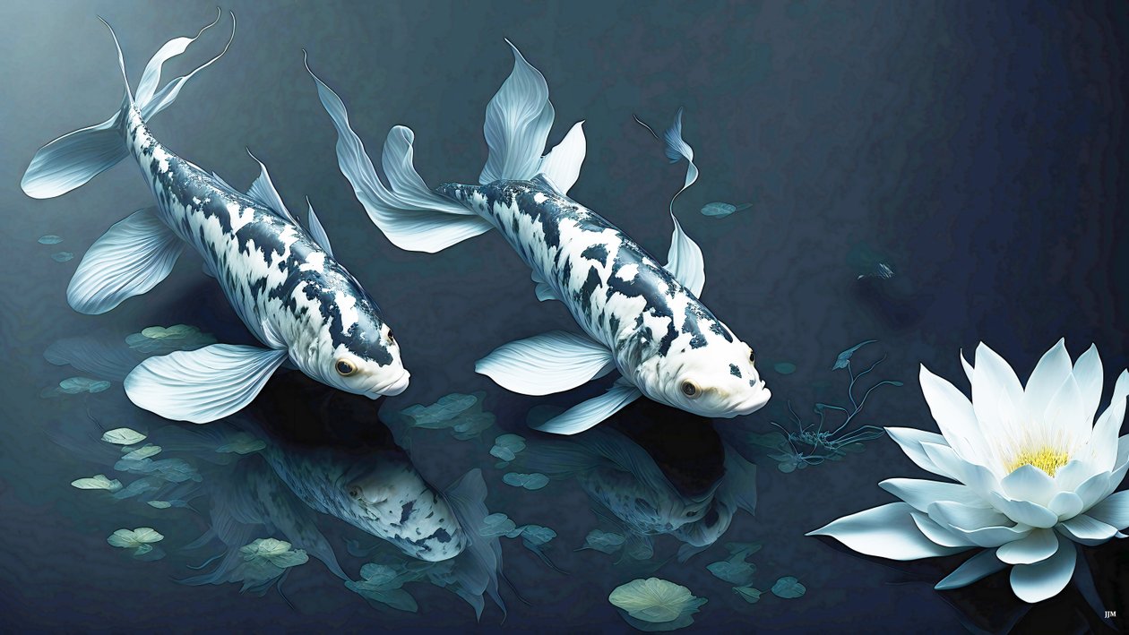 bläckmålning: Koi-Karpfish_white marble_02 av Josef Johann Michel