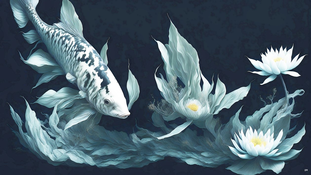 bläckmålning: Koi-Karpfish_white marble_03 av Josef Johann Michel