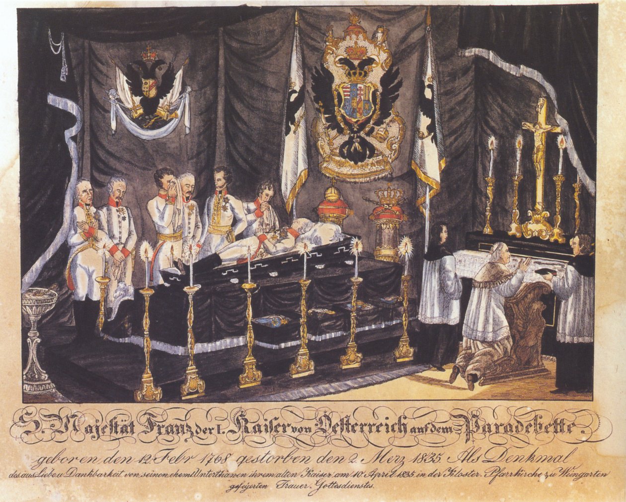 S. Majestät Franz I, kejsare av Österrike på paradbädden, färgad litografi, 1835 av Joseph Bayer