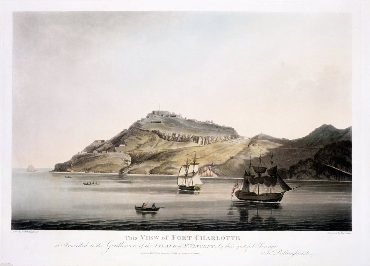 Vy över Fort Charlotte på ön St. Vincent, graverad och pub. av Francis Jukes (1747-1812), 1800 (färgad akvatint) av Joseph Billinghurst
