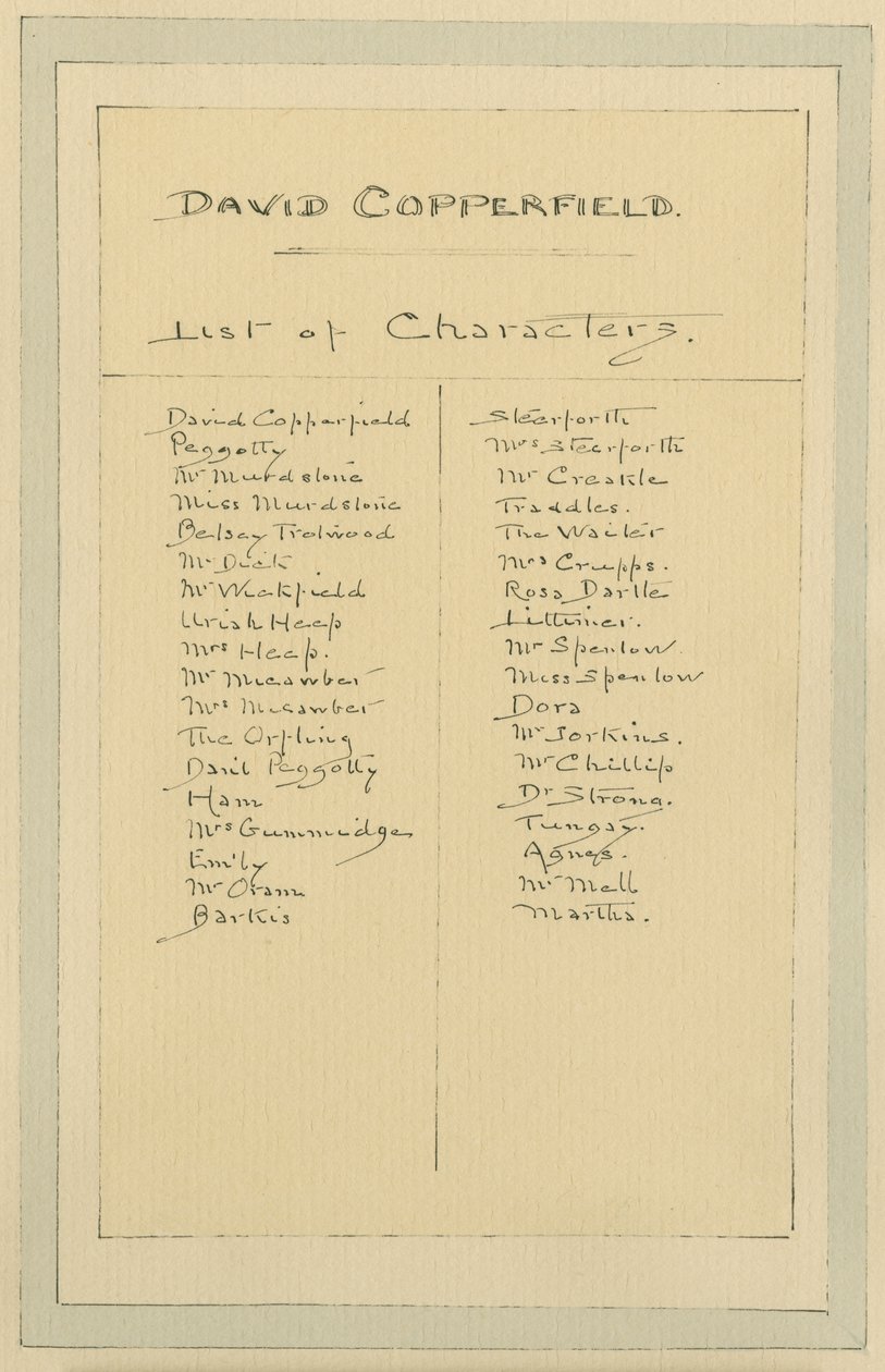 Lista över karaktärer, ca 1920-talet (penna och bläck med wc på papper) av Joseph Clayton Clarke