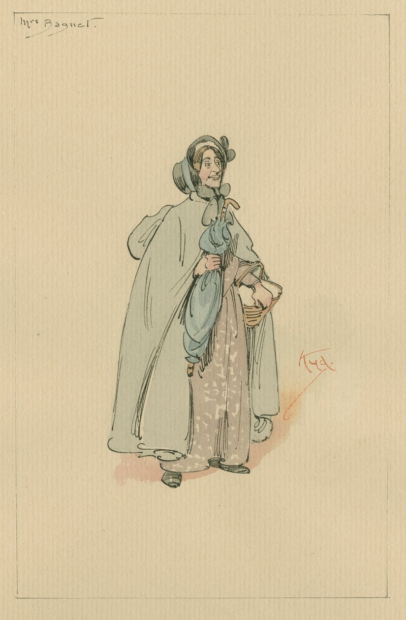 Mrs Bagnet, ca 1920-talet (penna och bläck med wc på papper) av Joseph Clayton Clarke