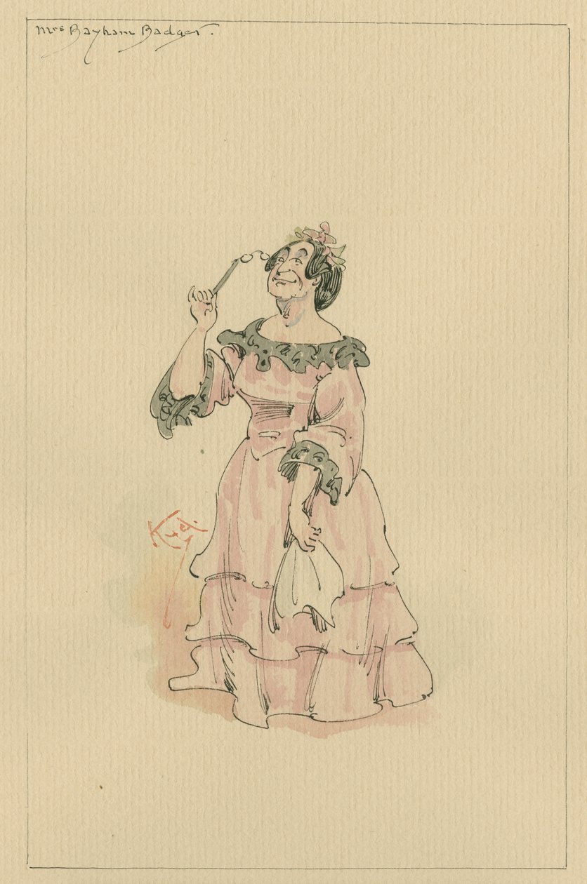Mrs Bayham Badger, ca 1920-talet (penna och bläck med wc på papper) av Joseph Clayton Clarke