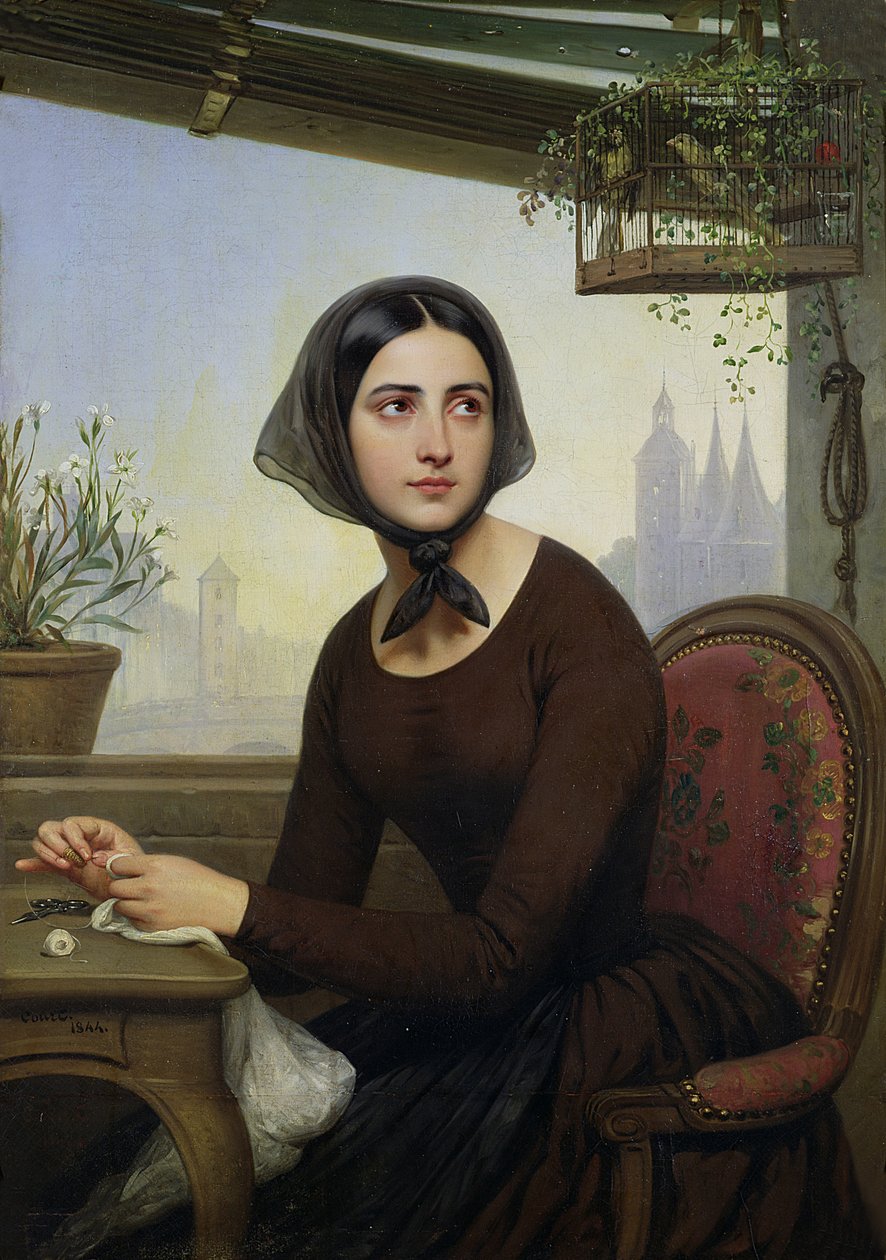 Rigolette försöker distrahera sig själv under Germains frånvaro, 1844 av Joseph Desire Court