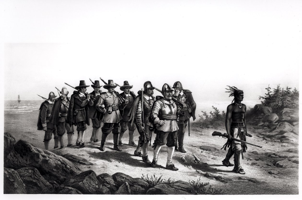 The March of Miles Standish, graverad av Armstrong und Co., 1873 av Joseph Baker