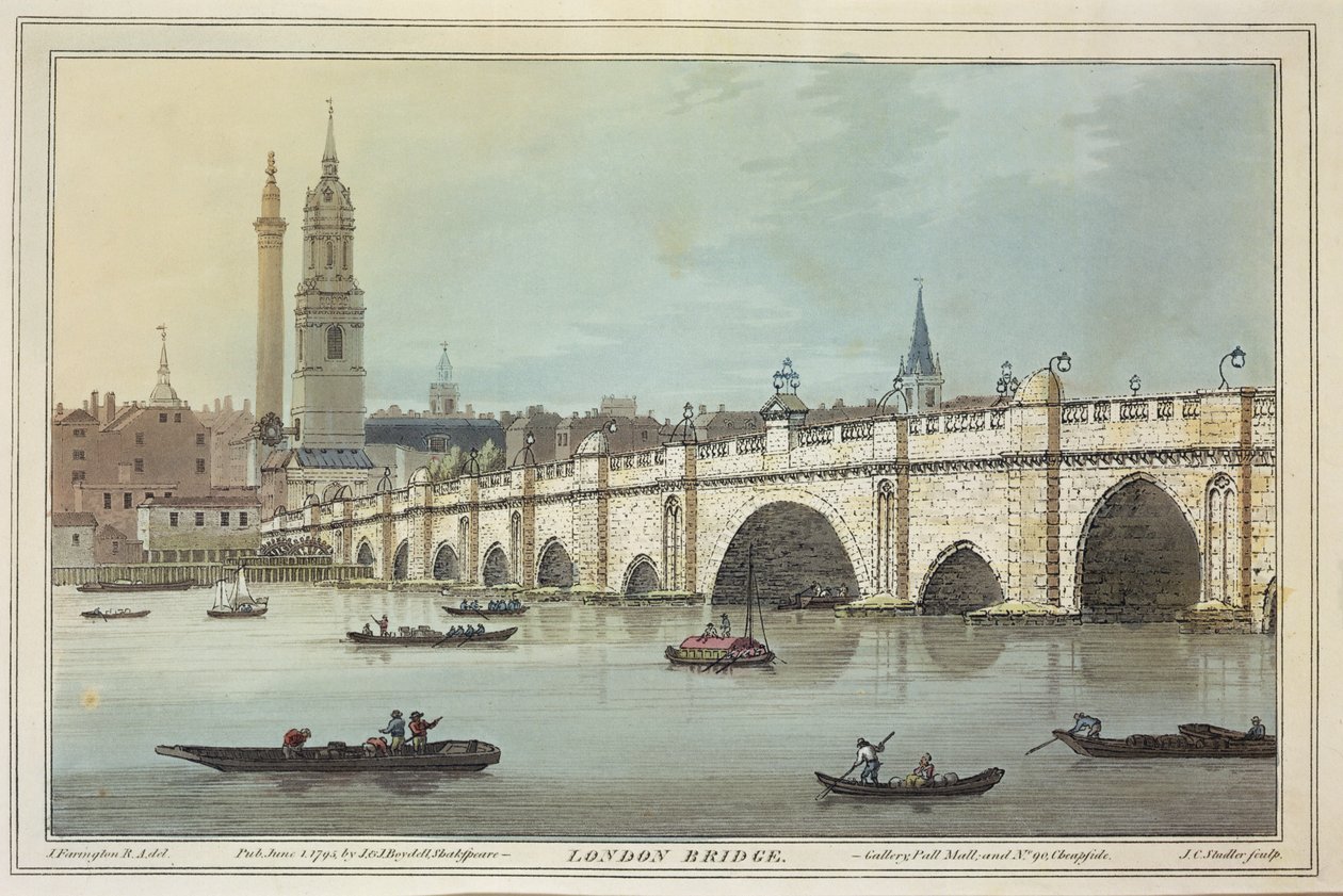 Vy över Old London Bridge, graverad av J.C. Stadler (fl.1780-1812), 1795 (färgad akvatint) av Joseph Farington