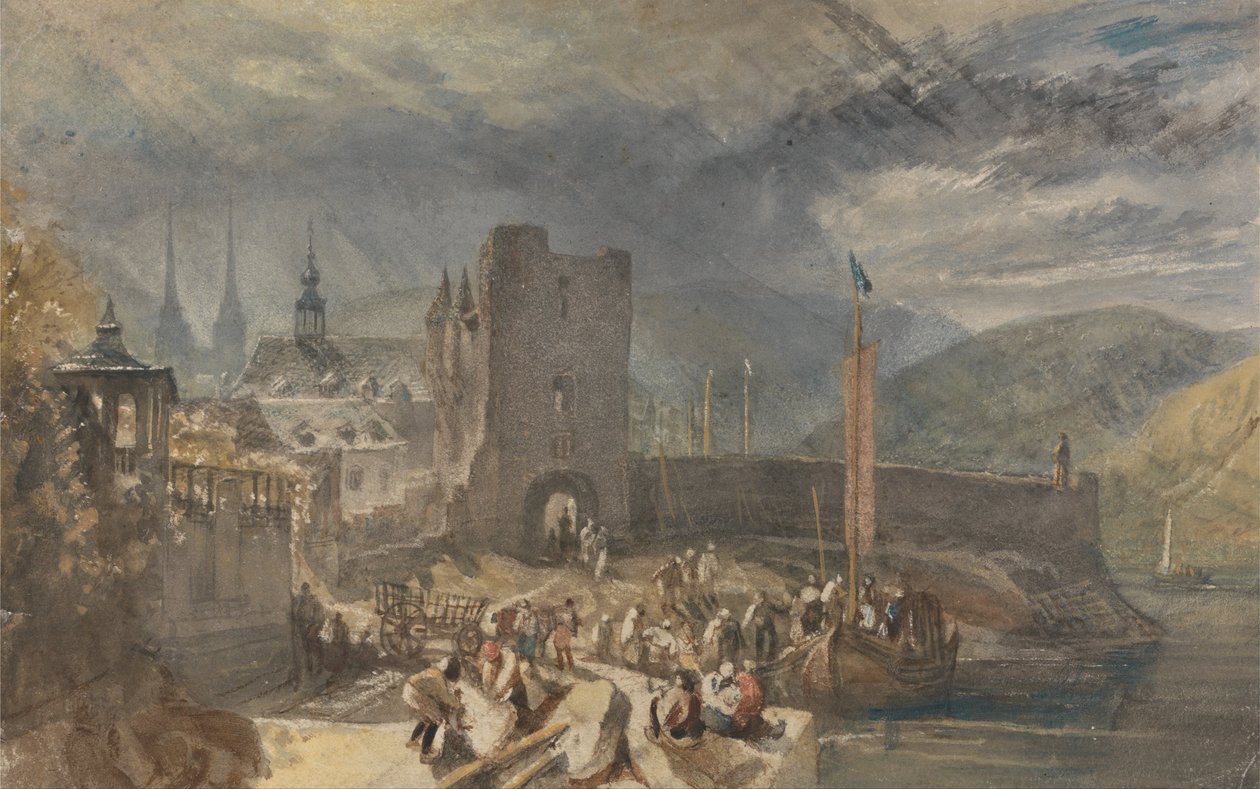 A View of Boppart, with Figures on the River Bank av Joseph Mallord William Turner