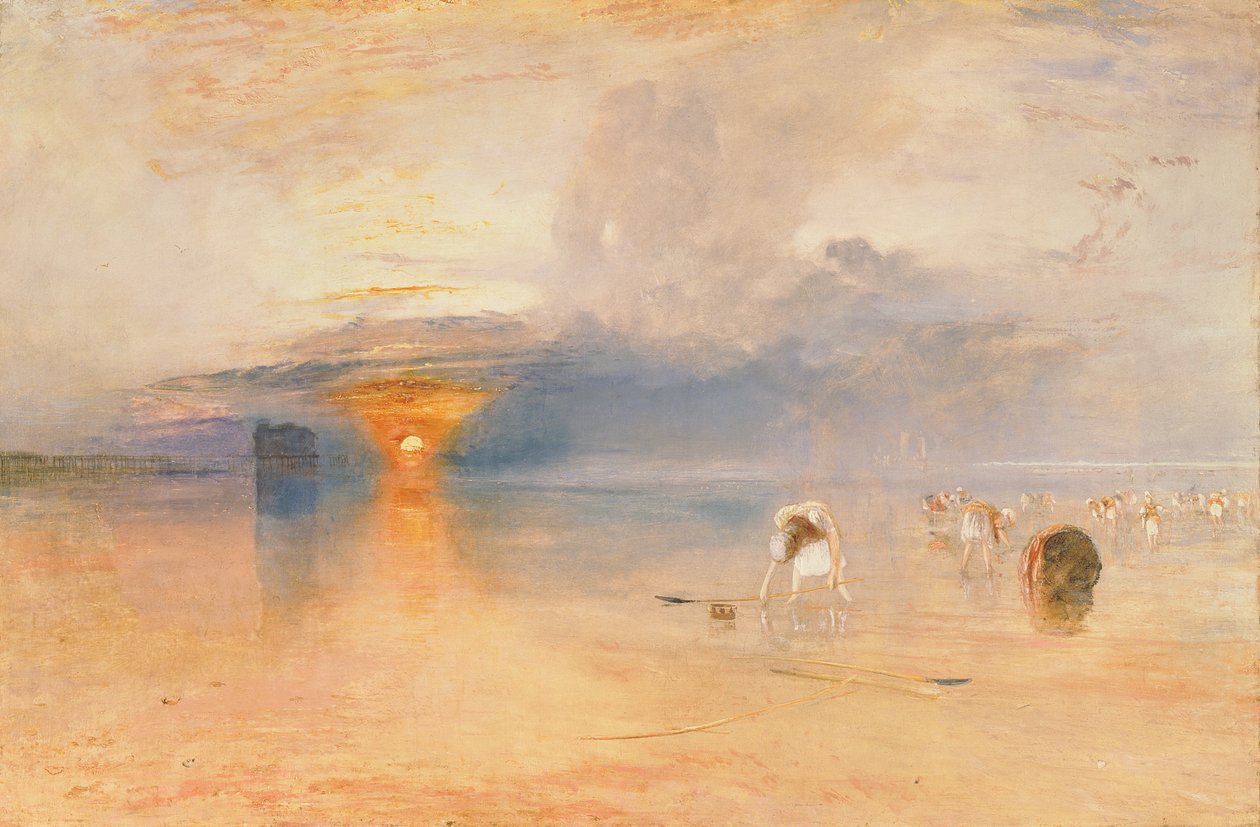 Calais sand vid lågt vattenstånd, poissarder som samlar bete, 1830 av Joseph Mallord William Turner