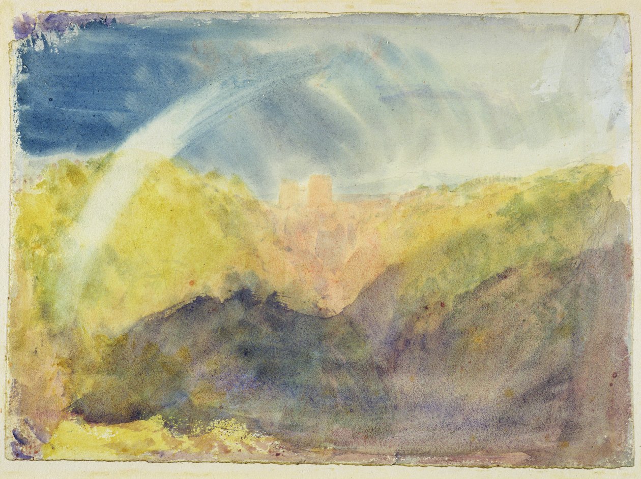 Crichton Castle (bergslandskap med en regnbåge) c.1818 (wc över grafit på vävt papper) av Joseph Mallord William Turner