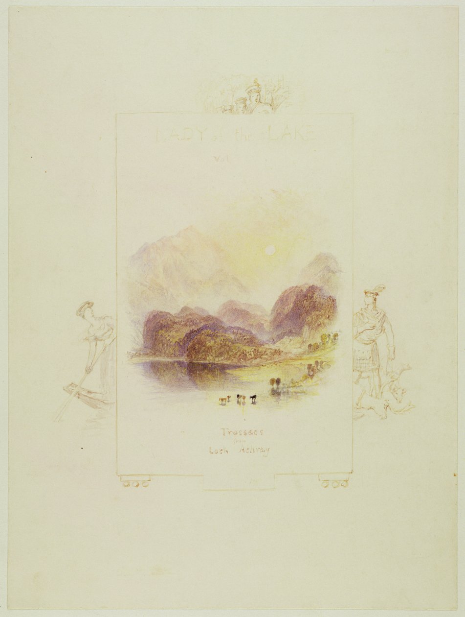 Design för en illustration för Walter Scotts "Lady of the Lake", Loch Achray (penna, penna och bläck och wc på papper) av Joseph Mallord William Turner