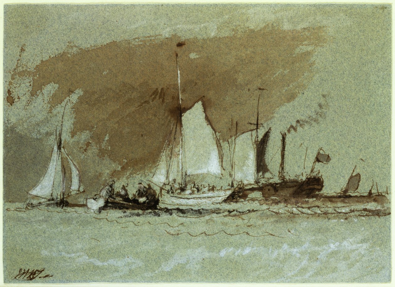 Fiskebåtar till sjöss, ombord på en ångbåt utanför Isle of Wight (tusch med vit färg på papper) av Joseph Mallord William Turner