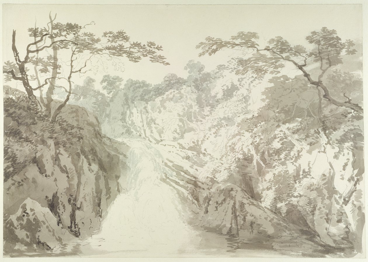 Landskap med vattenfall, ca 1796 (grafit och tvätt på papper) av Joseph Mallord William Turner