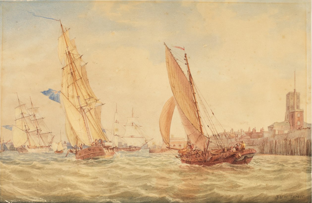 Tre krigsslupar och en fiskeknäck som går in i hamnen, Portsmouth, ca 1800-30 av Joseph Mallord William Turner