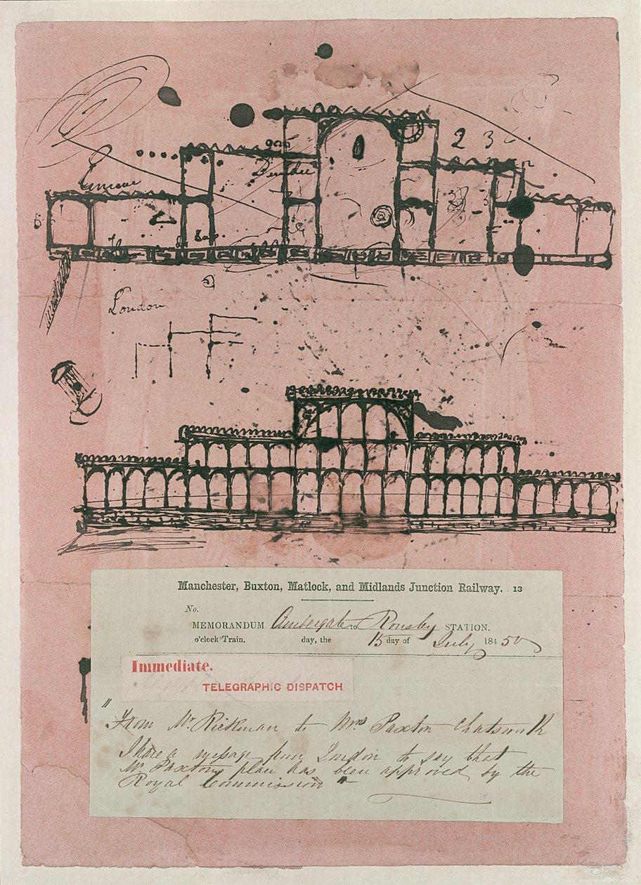 Den stora utställningen 1851: första skiss av byggnaden, 1850 (bläck på bläckpapper) av Joseph Paxton