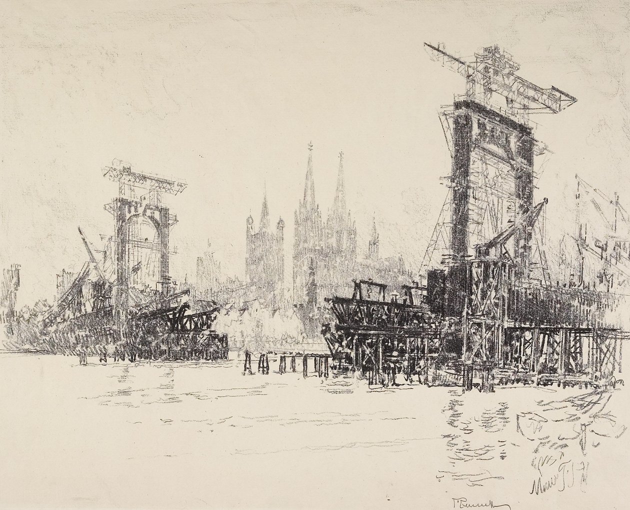 Bygger bron i Köln, 1914 av Joseph Pennell