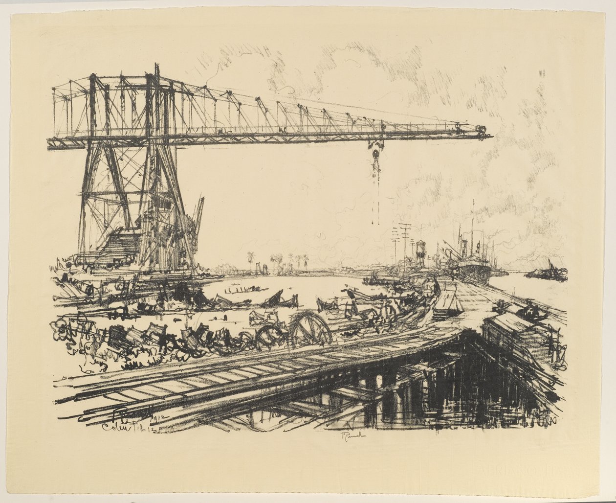 Panama - Franska kanalen och amerikanska tranor, 1912 (lito på papper) av Joseph Pennell
