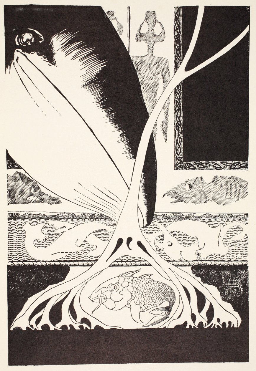 The Whale söker efter "Stute Fish, illustration från "Just So Stories for Little Children" av Rudyard Kipling, pub. London, 1951 av Joseph Rudyard Kipling