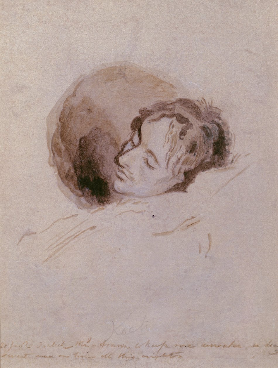 Keats på sin dödsbädd, 1821 (bläcktvätt på papper) av Joseph Severn