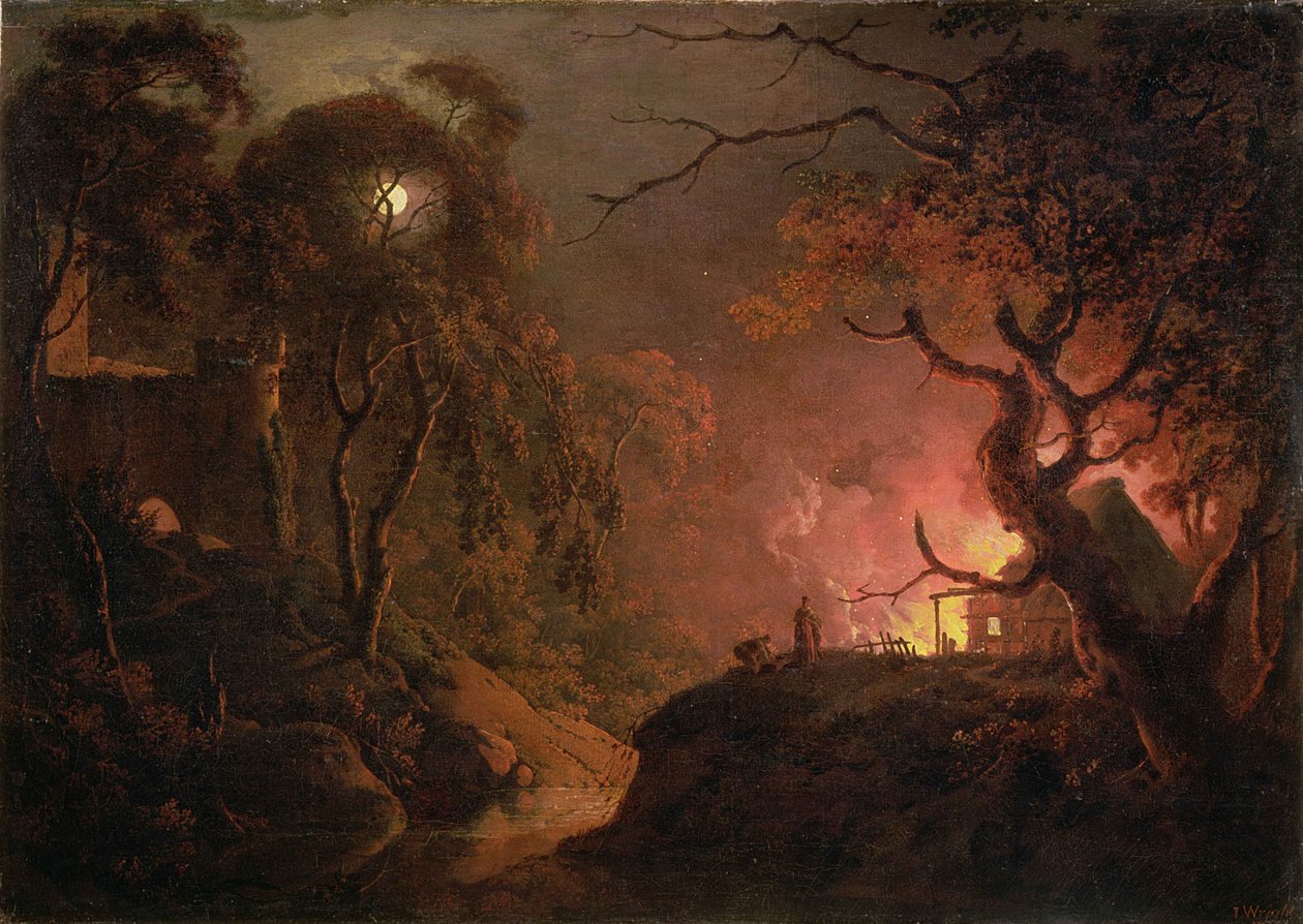 En stuga i brand om natten, ca 1785-93 av Joseph Wright of Derby