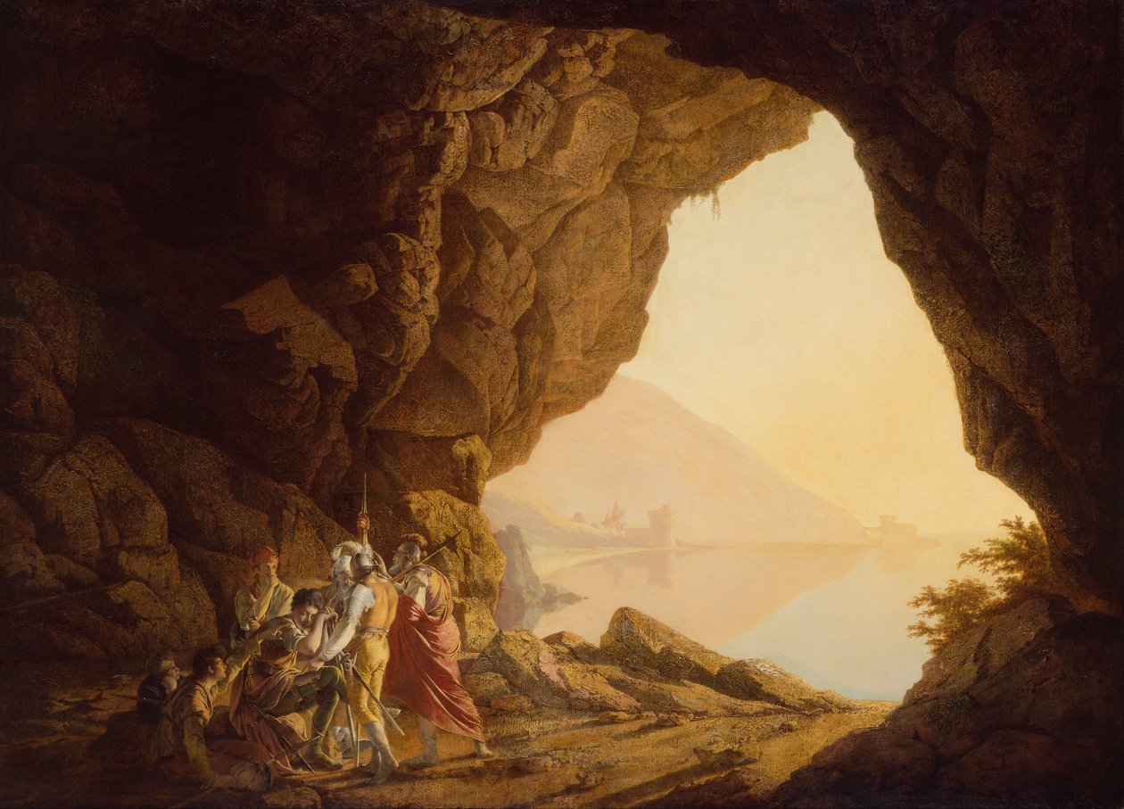 Grotto by the Seaside in the Kingdom of Naples with Banditti, Sunset av Joseph Wright of Derby