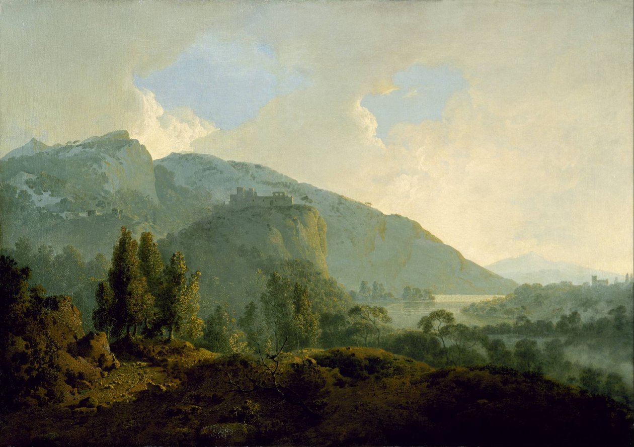 Italian Landscape with Mountains and a River av Joseph Wright of Derby