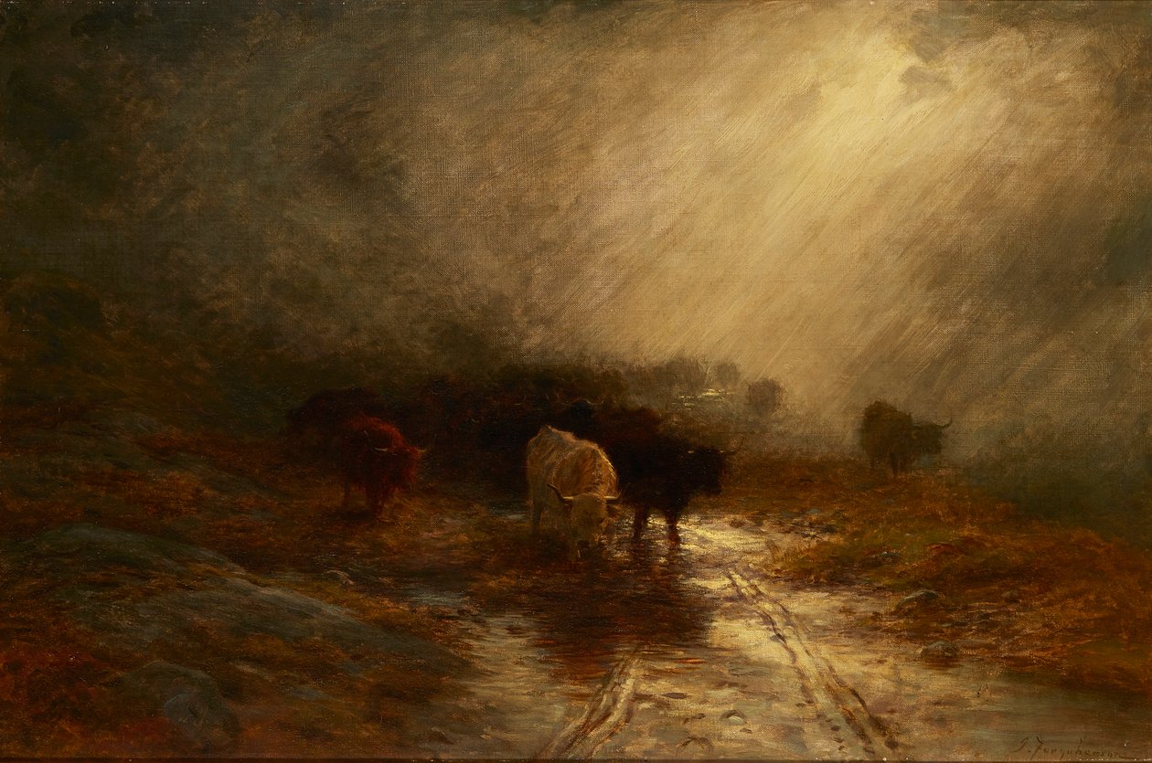 Cattle In the Mist (olja på duk) av Joseph Farquharson