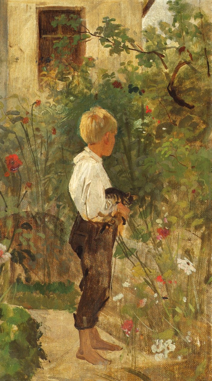 Pojke med en katt i trädgården av Joseph Hasslwander