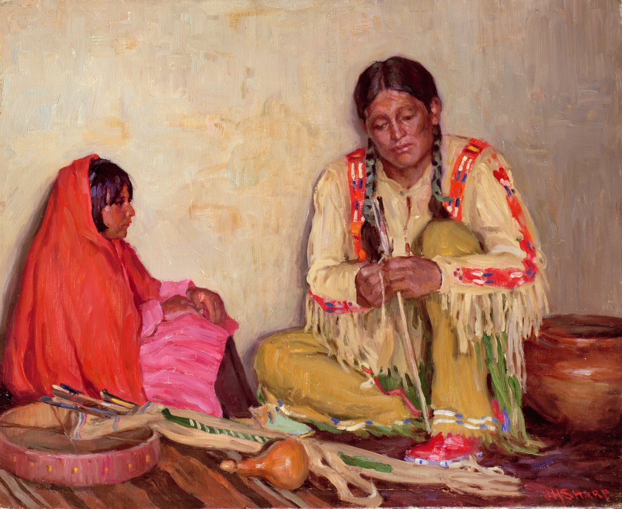 Feathering Arrows (olja på duk) av Joseph Henry Sharp