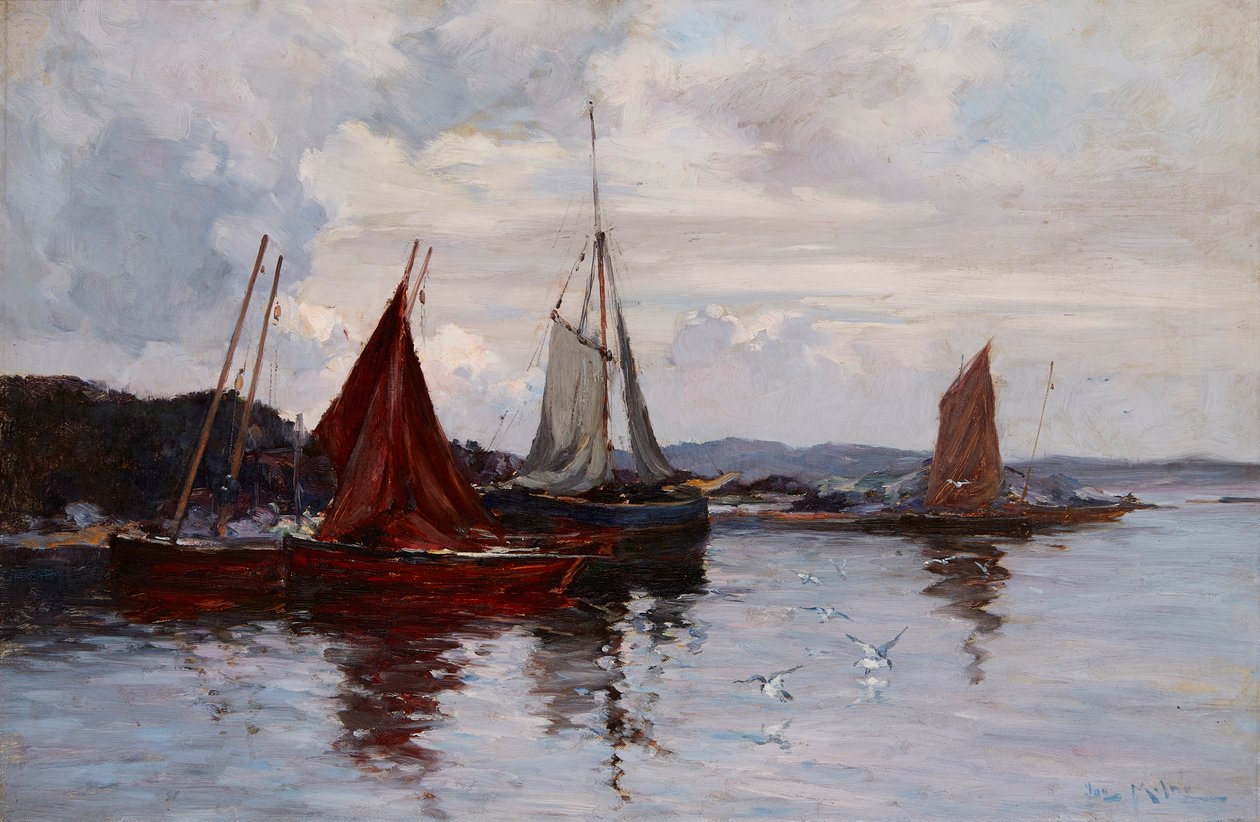 Fiskebåtar i hamnen (olja på duk) av Joseph Milne
