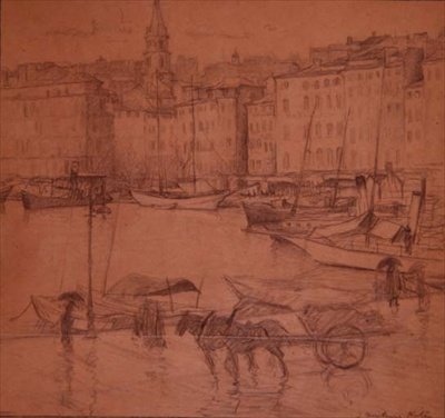 Hamnscen, regnig dag (penna) av Joseph Milner Kite