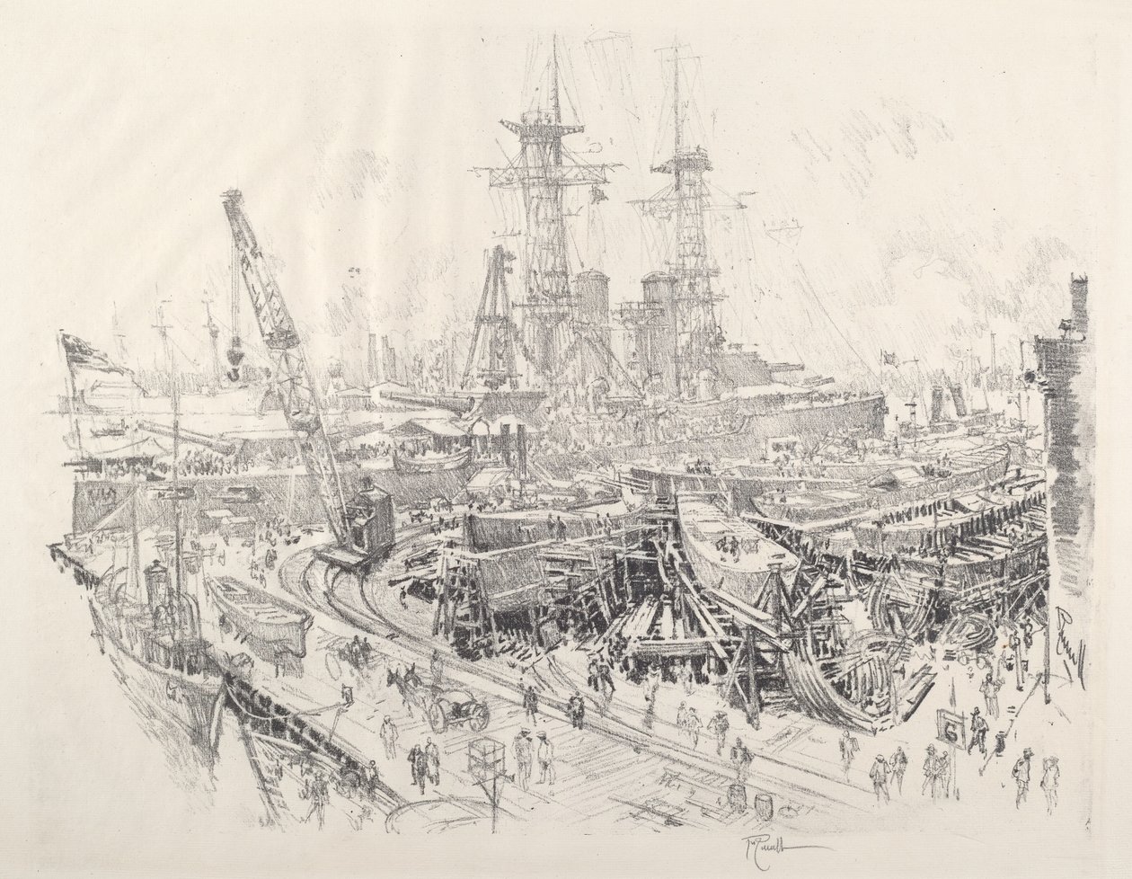 Bygga ubåtsjagare, 1917. av Joseph Pennell