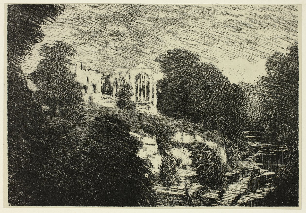 Egglestone Abbey, från floden av Joseph Pennell