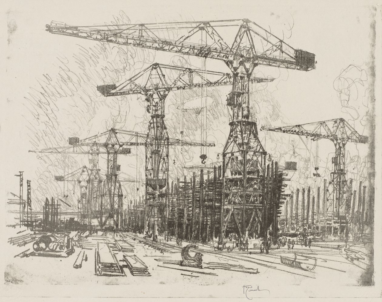 Engelska krigsarbetet: The Old Shipyard av Joseph Pennell